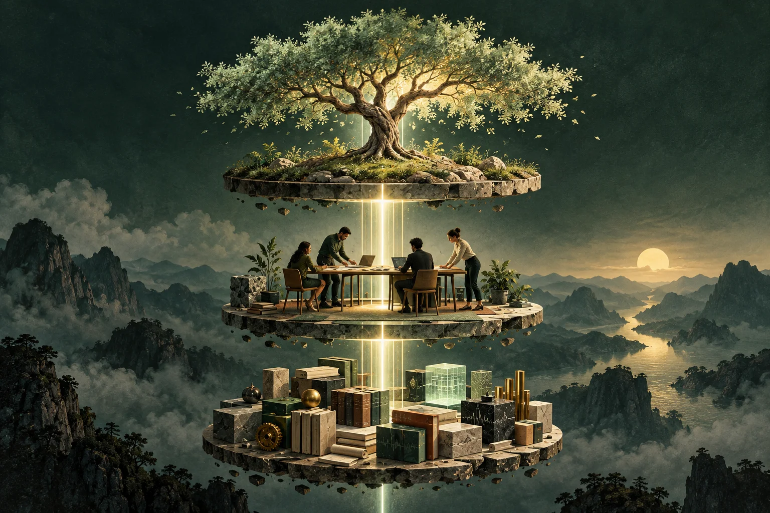 An exploded architectural model connects tools and data, a collaborating team, and a living tree through three interdependent layers.