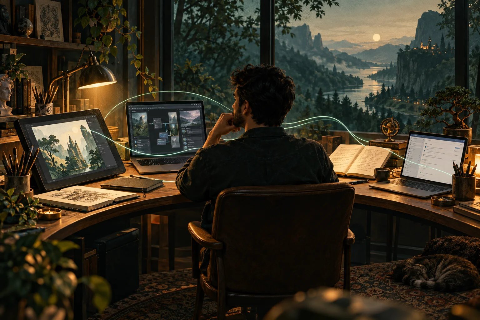 A solo creator works at a studio bench connected to tools for art, software, writing, and correspondence.