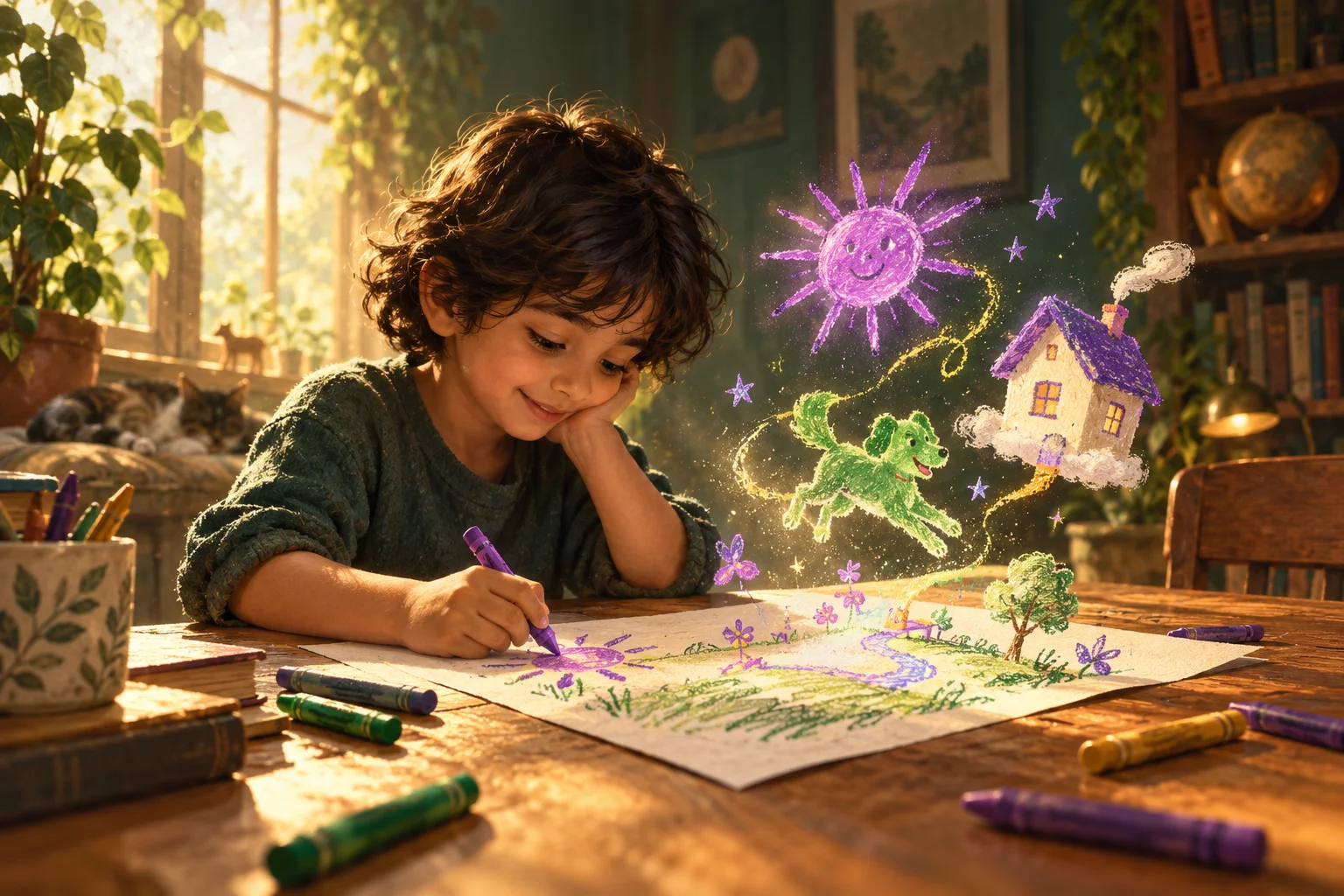 A child’s crayon drawing becomes a playful purple sun, green dog, and floating house.