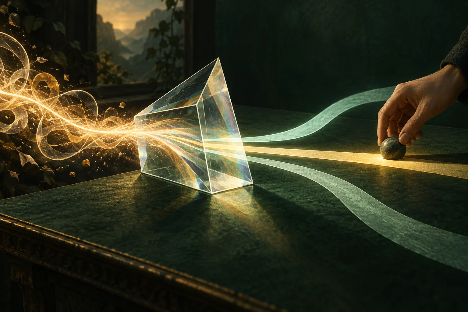 A warm emotional signal passes through a clear prism and emerges as a deliberate path.