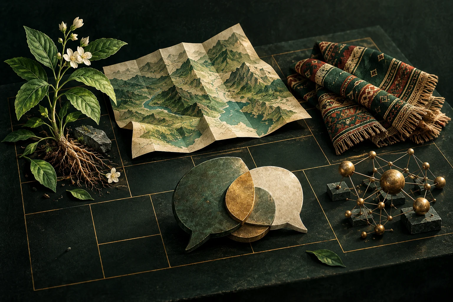 A plant, map, woven fabric, speech forms, and mechanical network overlap an open sorting grid.