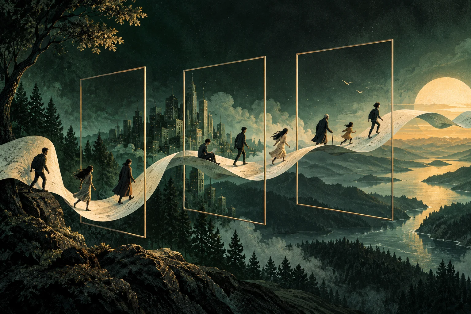 A continuous ribbon of varied human figures crosses the boundaries of geometric compartments.