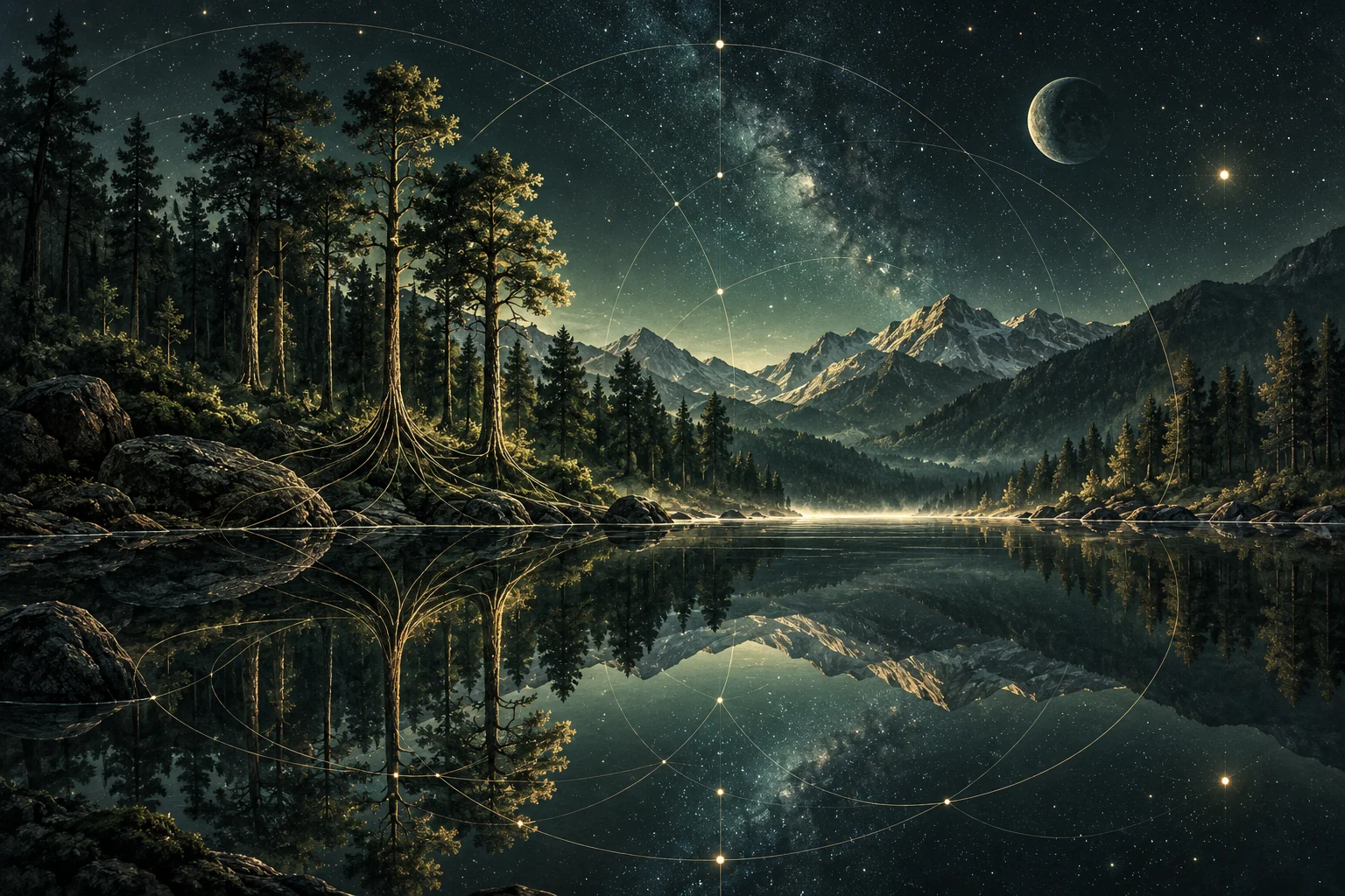 Fine geometric arcs reveal connections among a forest, its roots, and the night sky.