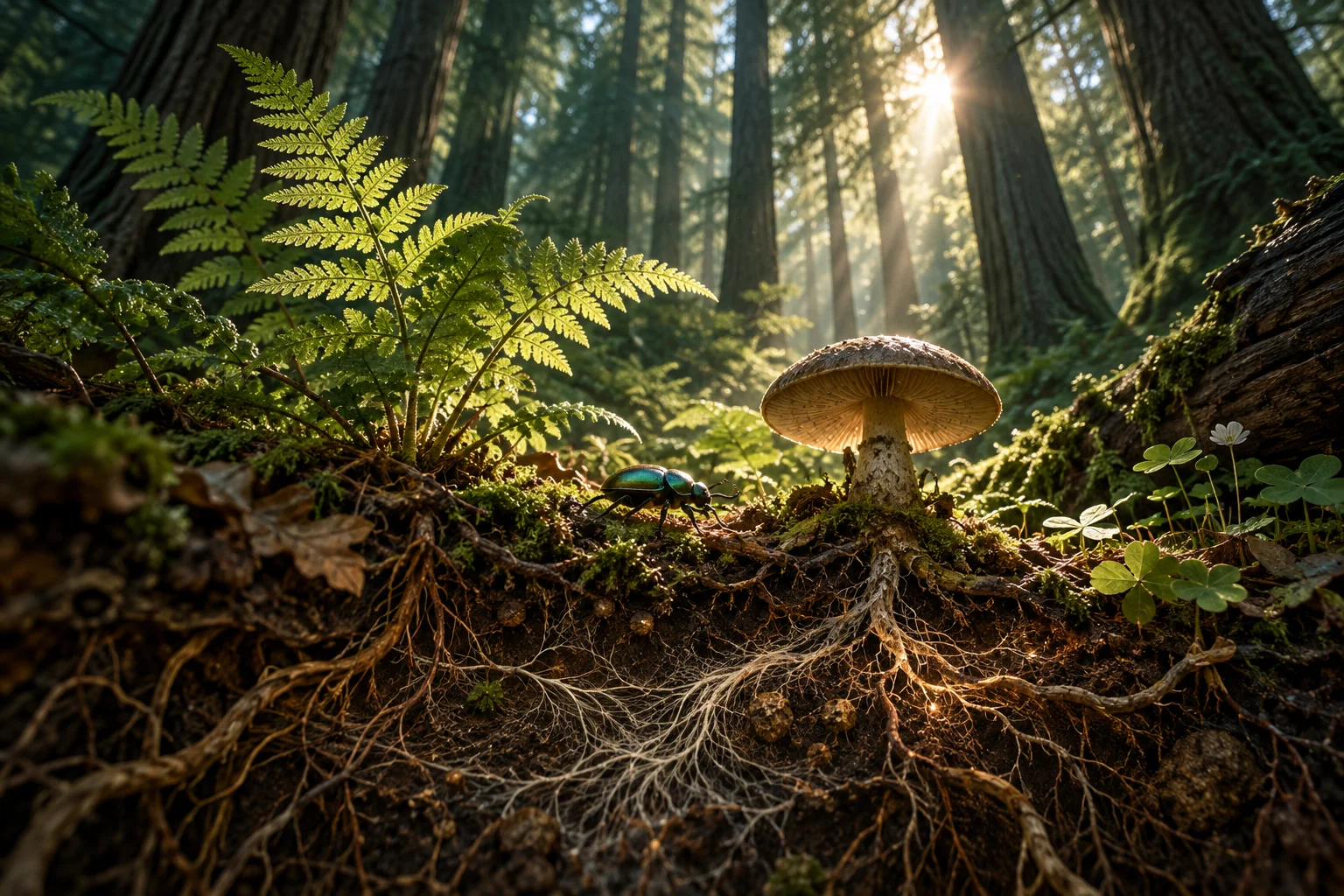 A small fern and layered roots reveal the forest from close to the ground.