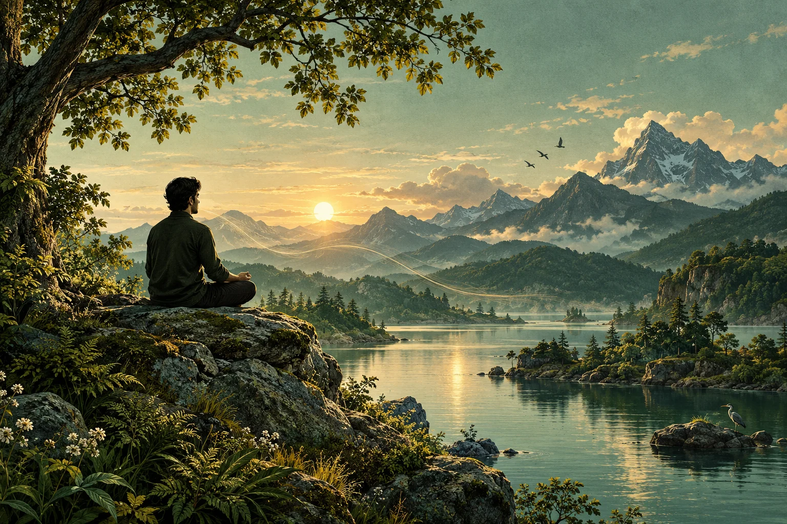 A seated person meditates beside water as a subtle breath-like current connects the surrounding life.